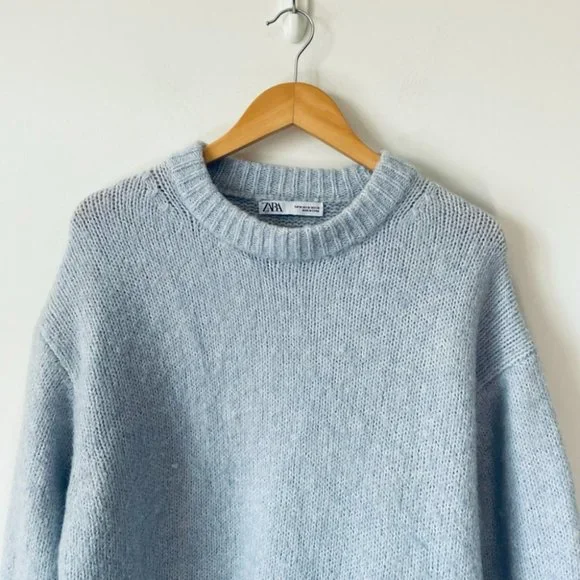 Zara Soft Feel Knit Sweater Crewneck Wool Alpaca Blend Pullover Light Blue Sz M - Picture 3 of 7